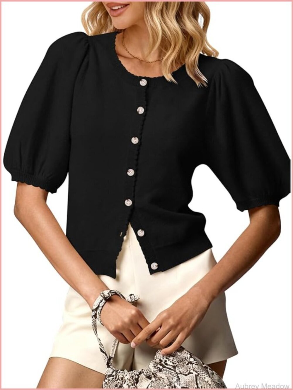 Puff Short Sleeve Cardigan Button Down Sweater Tops Business Casual Work Spring